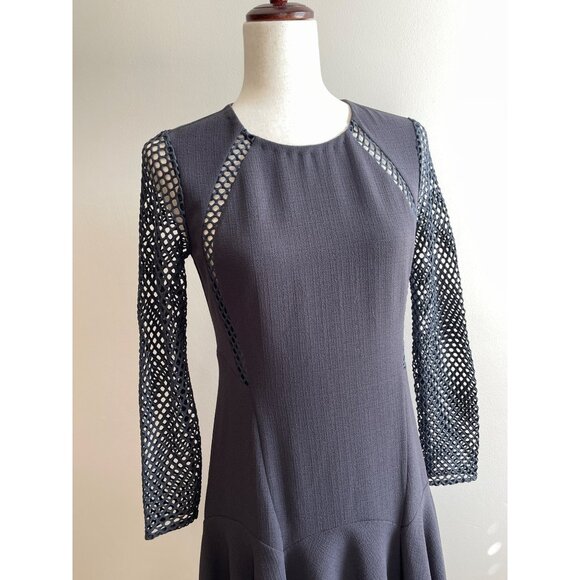 Rebecca Taylor Fit and Flare Dress Womens 2 Gray with Mesh Detail Fishnet. - Picture 2 of 11